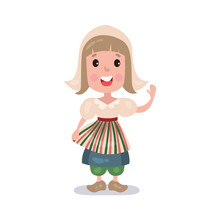 Little Girl Wearing Traditional Costume Of Dutch Country Colorful Vector Illustration