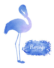 Watercolor blue flamingo silhouette illustration, hand painted isolated on a white background