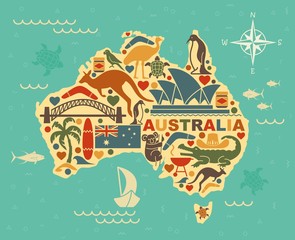 stylized map of australia with the symbols of australian culture and nature