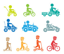 Set Of Pictograms Representing Children Riding All Sorts Of Vehicles. Various Types Of Bikes, Cars And Scooters. 