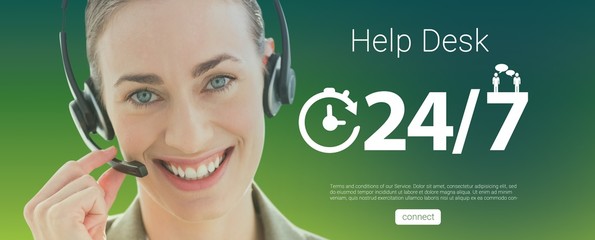 Poster - composite image of smiling businesswoman with headset looking at
