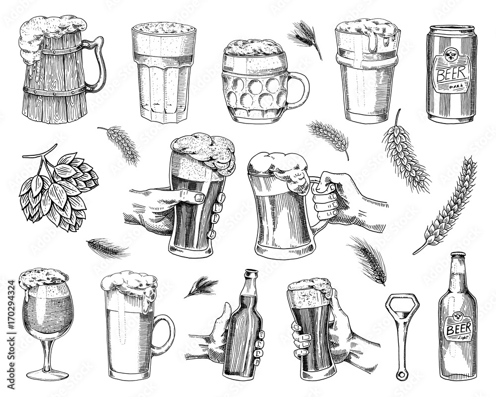 Beer glass, mug or bottle of oktoberfest. engraved in ink hand drawn in old sketch and vintage style for web, invitation to party or pub menu. design element isolated on white background. - obrazy, fototapety, plakaty 