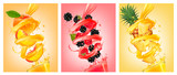 Set of labels of of fruit in juice splashes. Peach, strawberry, blackberry, pineapple. Vector.
