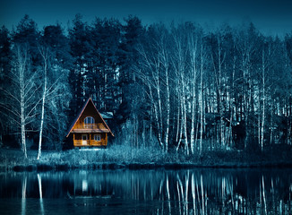 Dark forest in fall season, halloween night