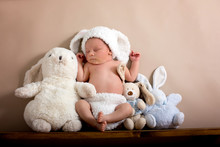 Newborn Baby Boy Wearing A Brown Knitted Rabbit Hat And Pants, Sleeping On A Shelf