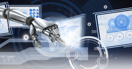 Poster - robot hand interacting with technology interface panels
