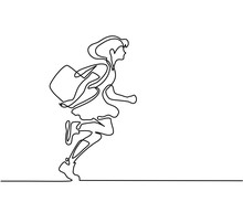 Girl Running Back To School With Bag. Continuous Line Drawing. Vector Illustration On White Background