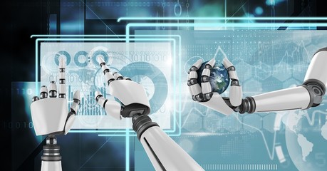 Poster - robot hands interacting with technology interface panels holding