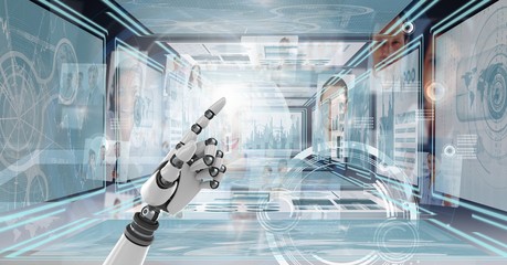 Poster - robot hand interacting with technology interface panels