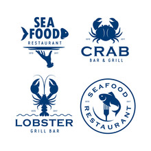 Seafood Related Labels Badges Emblems Set. Vector Vintage Illustration.
