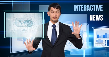 Poster - Interactive News text and Businessman touching and interacting