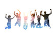 © alphaspirit - Silhouette of jumping friends with background of the beach