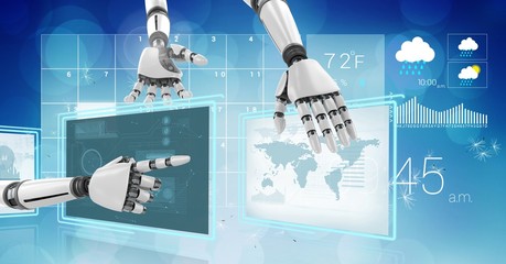Poster - Robot hands interacting with technology interface panels of