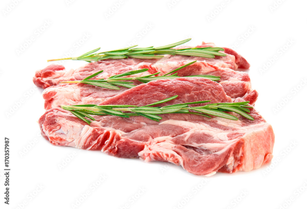 Fresh raw meat with rosemary on white background