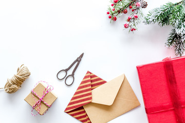 prepare new year and christmas 2018 presents in boxes and envelopes on white background top veiw mockup