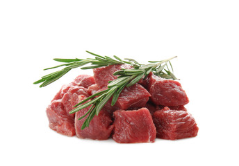 Canvas Print - Pieces of fresh raw meat with rosemary on white background