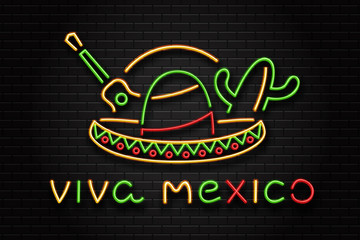 Vector realistic isolated neon sign of sombrero for Happy Independence Day in Mexico for decoration on the wall background. Concept of Viva Mexico.