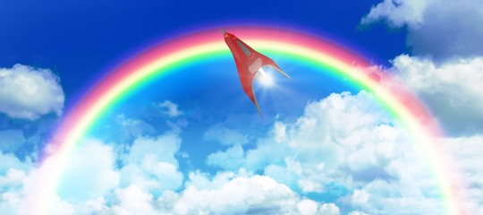 Poster - Composite image of red spaceship against white screen