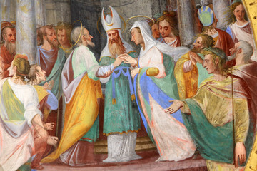  Mariage de la Vierge-Marie et de Saint-Joseph. Sanctuaire Madonna del Sasso. XVIe siècle. Locarno. Orselina. Suisse. Marriage of the Virgin Mary and St. Joseph.