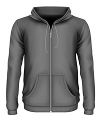 Men's zip-up hoodie. Front view of hooded sweatshirt. Vector