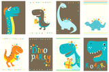 Fototapeta Dinusie - Collection of birthday banners with cute dinosauros