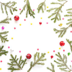Wall Mural - Christmas background. Fir branches isolated on white background. Christmas tree. Christmas toys, snow, fir, rowan in frost, top view. Composition of fir branches, pattern. Christmas frame.