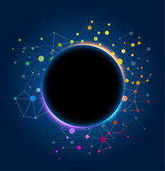 Poster - abstract background for text. black hole with mesh and colored dots on dark blue backdrop. eps10 vec