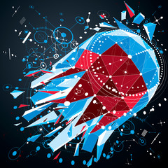Poster - 3d engineering technology vector backdrop with low poly demolished object and wireframe. Colorful mechanical scheme, dimensional abstract industrial design can be used as website background.