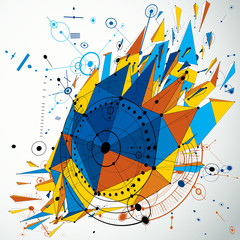 Poster - 3d engineering technology vector backdrop with low poly demolished object and wireframe. Colorful mechanical scheme, dimensional abstract industrial design can be used as website background.