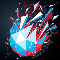 Poster - Technical drawing made using lines mesh and geometric circles. Colorful perspective vector wallpaper created in low poly modern style, 3d engine design. Layout for business presentations and banners.