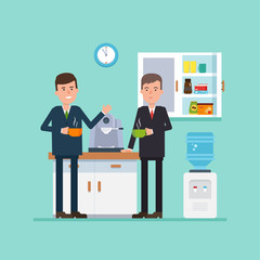 Coffee break on office kitchen. Vector flat illustration with two colleagues with cups in hands near the coffee machine. Simple concept with the working situation.