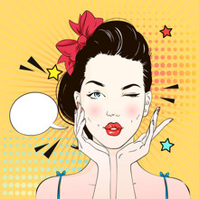 Pop Art Surprised Woman Face With Kiss Mouth. Comic Woman With Speech Bubble. Vector Illustration.