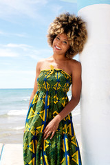 Wall Mural - Attractive african model leaning against wall in a dress at beach