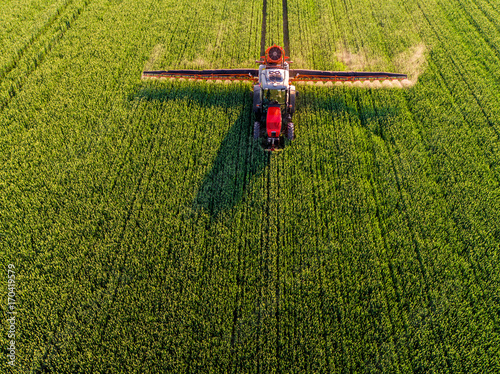 Fotomural Farmer spraying green wheat field