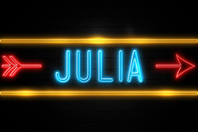 Julia  - Fluorescent Neon Sign On Brickwall Front View