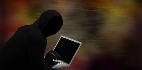 Poster - Composite image of hacker using laptop