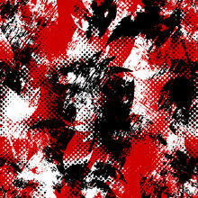 Strange Chaotic Background With Spots And Smears. Abstract Seamless Texture. Black, White And Red Colors. A Little Bit Visible Silhouette Of The Flower.
