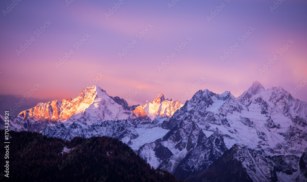  Pink and Purple Lights over the Alps Peaks - Verbier, Alps, Canton du Valais, Wallis, Switzerland - obrazy, fototapety, plakaty 