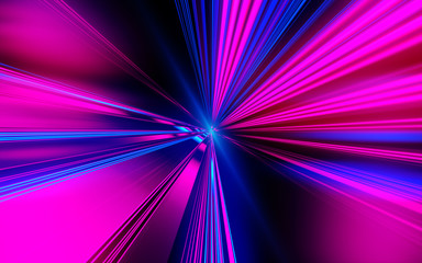 Laser beams. Speed motion on the neon glowing road at dark. Speed motion on the road. Colored light streaks acceleration. Abstract illustration. Blue and Orange Yellow motion streaks. Space gates.