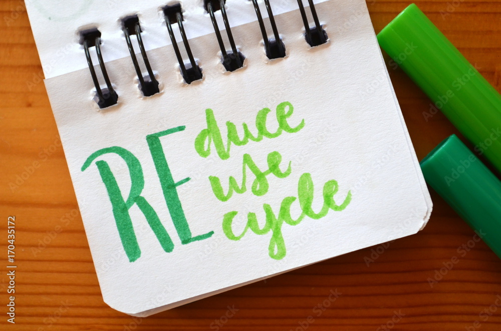 REDUCE REUSE RECYCLE hand lettered in notebook Stock Photo | Adobe Stock
