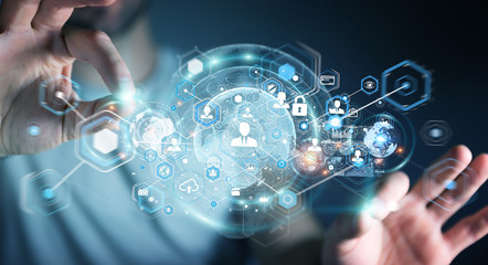 Poster - Businessman using social network interface 3D rendering