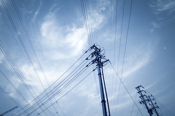 Poster - Impression network at transformer station in sunrise, high voltage up to yellow sky take with yellow tone, horizontal frame