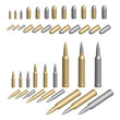 Variety of bullets illustrated in brass silver or steel casings 