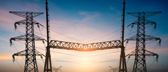 Poster - Impression network at transformer station in sunrise, high voltage up to yellow sky take with yellow tone, horizontal frame