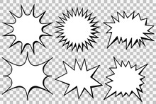 Blank Template Comic Text Speech Bubble Star Set Vector. Dialog Empty Box Space. Comics Book Sketch Explosion Sudden Burst Bomb