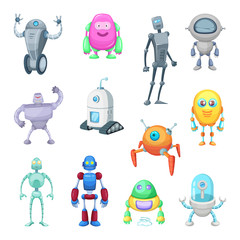 Poster - characters of funny robots in cartoon style. vector mascot set of androids and astronauts