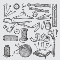 Poster - different tools for sewing workshop. vector pictures in hand drawn style