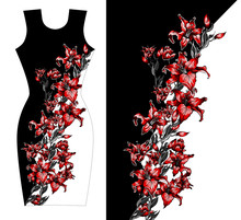 Red Lilies Print Design For Dress. Summer / Autumn Flowers Textile Collection.