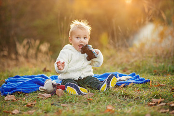 Wall Mural - Little funny boy with sticking up hair sitting on a blue plaid on green lawn and playing with toys at sunset.