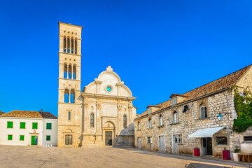 Wall Mural - Old architecture cathedral Hvar. / Scenic view at largest square in Dalmatia region and cathedral of Hvar island, croatian famous travel places.